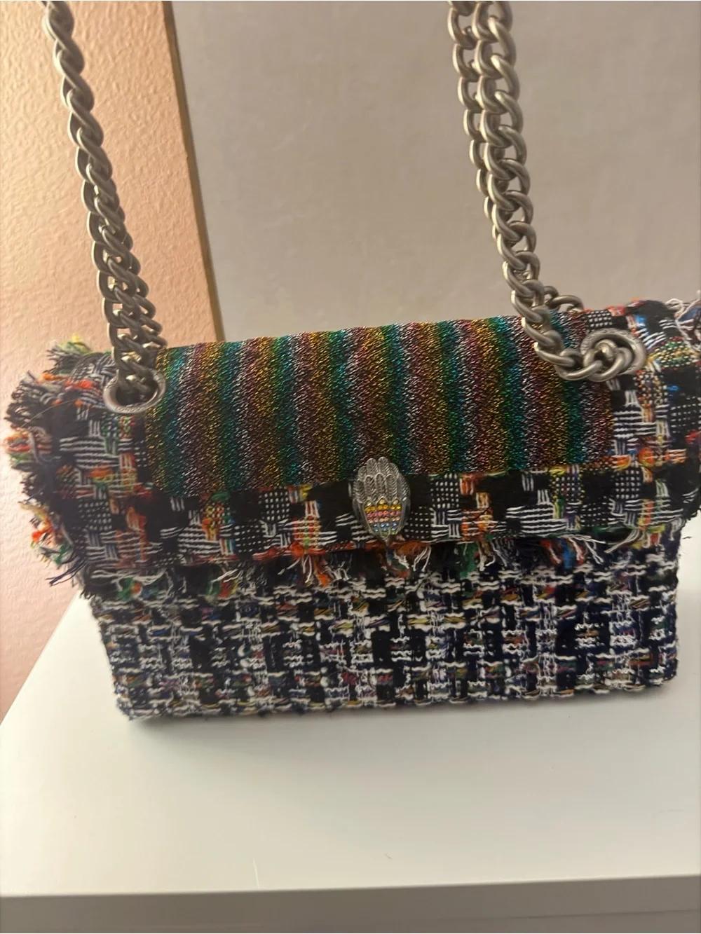 Kurt Geiger Woven Multicolor Tweed Shoulder Bag with Chain Strap